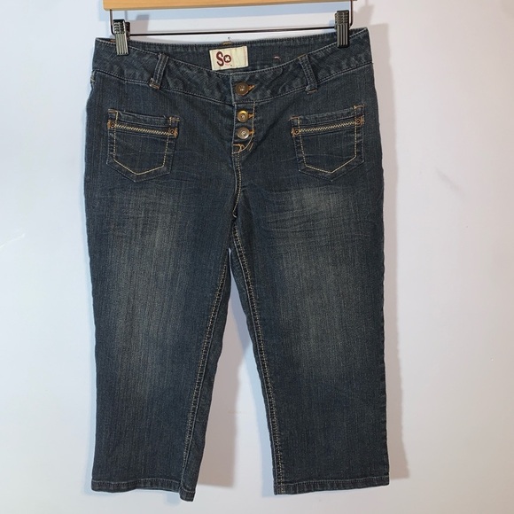 So Women's Blue Jeans low rise capri pants size 11 zig zag stitching vintage Y2K - Picture 1 of 6